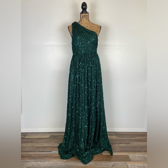 Faeriesty Sequin Gown Dress Size L Green One Shoulder Prom Weeding Dress Pleated - Picture 6 of 14